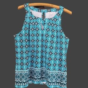 Cleo Aqua and White Geometric Patterned Sleeveless Top M